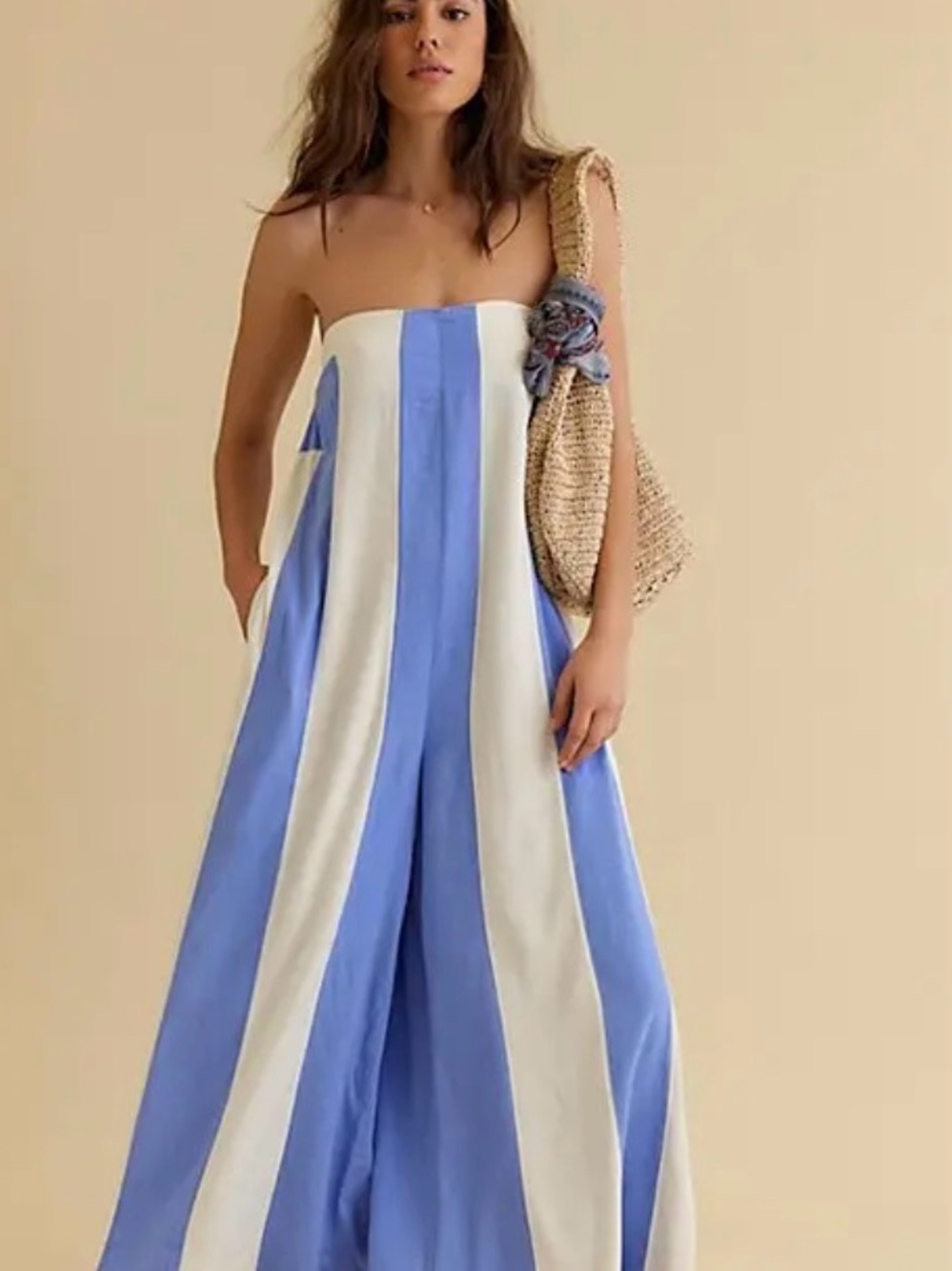 Free People Blue and White Strapless Wide-Leg Jumpsuit